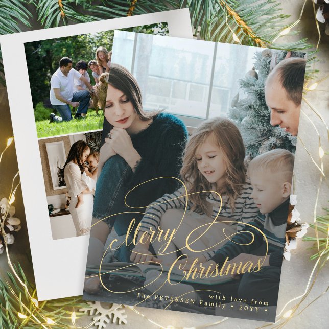 Cartão De Festividades Colagem de fotos do Dourado Feliz Natal 4 (Criador carregado)