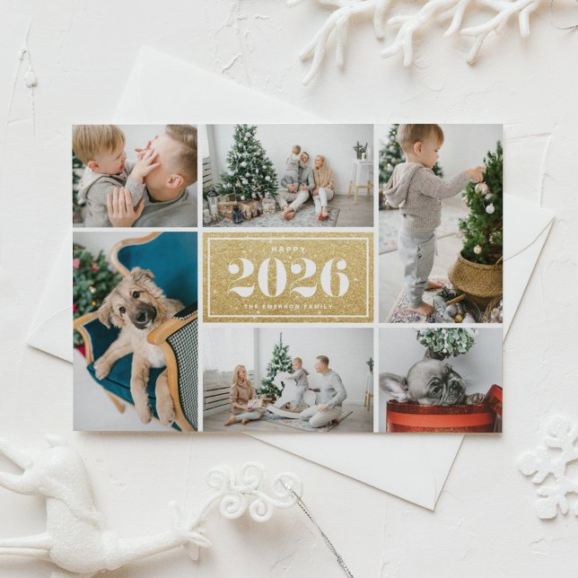 Cartão De Festividades Colagem de Fotos do Feliz ano novo Glitter 2025 Do (Send 2026 new year cheer with this photo collage Happy New Year Card featuring faux gold glitter. )