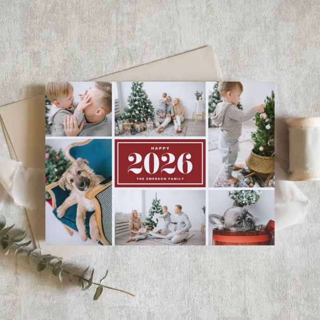 Cartão De Festividades Colagem de Fotos do Feliz ano novo Red 2025 (Send 2026 new year cheer with this customizable red photo collage Happy New Year Card. )