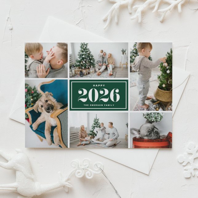 Cartão De Festividades Colagem de Fotos do Feliz ano novo Verde 2025 (Send 2026 new year cheer with this customizable green photo collage Happy New Year Card. )
