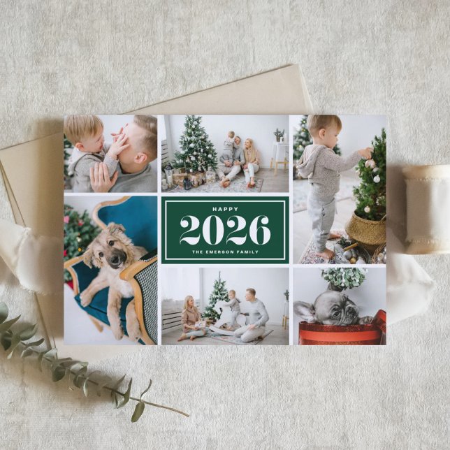 Cartão De Festividades Colagem de Fotos do Feliz ano novo Verde 2025 (Send 2026 new year cheer with this customizable green photo collage Happy New Year Card. )