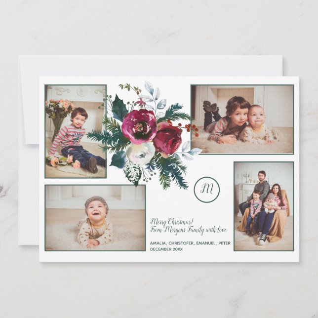 Cartão De Festividades Colagem de Fotos do Monograma do Pine Green Christ (Frente)