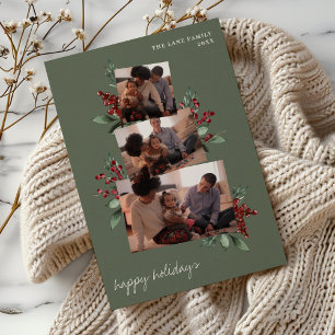 Cartão De Festividades Colagem de Fotos do Sage Escuro com Berries e Gree