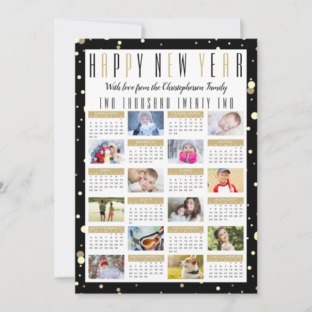 Cartão De Festividades Colagem de Fotos Dourada 12 no Calendário Moderno  (Frente)