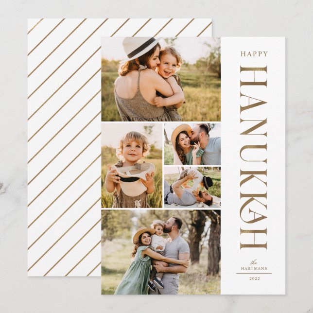 Cartão De Festividades Colagem de Fotos Dourada Elegante Hanukkah (Frente/Verso)