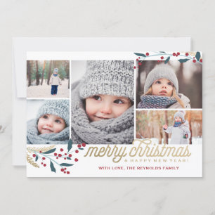 Cartão De Festividades Colagem de Fotos Dourada Red Berries 5 Feliz Nat