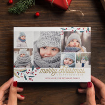 Colagem de Fotos Dourada Red Berries 6 | Feliz Nat