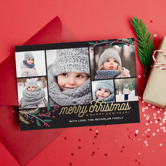 Cartão De Festividades Colagem de Fotos Dourada Red Berries 6 | Feliz Nat (Criador carregado)