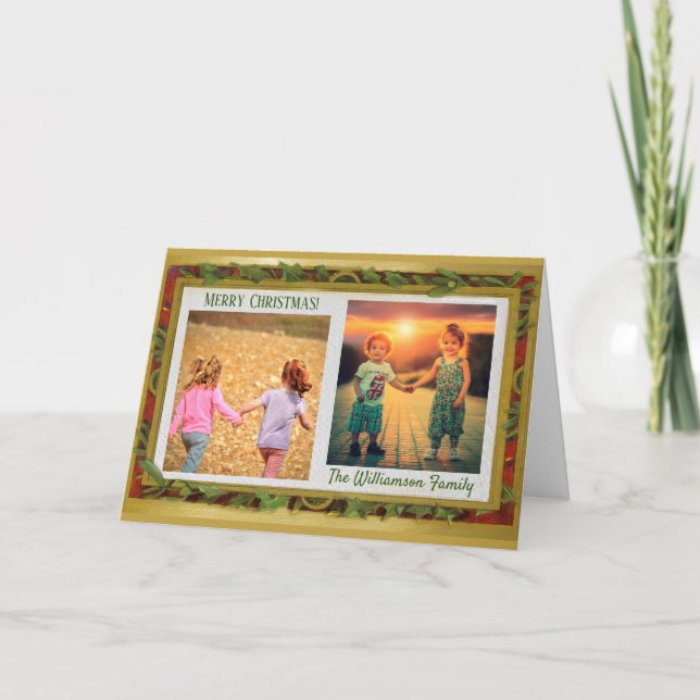 Cartão De Festividades Colagem de Fotos Elegante Nome Verde Dourado (Frente)