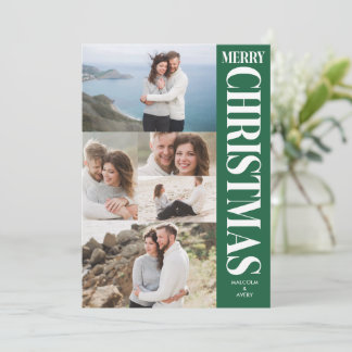 Cartão De Festividades Colagem de Fotos Elegante Verde Branco Feliz Natal