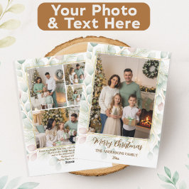 Cartão De Festividades Colagem de Fotos em Família de Natal Botânico Eleg