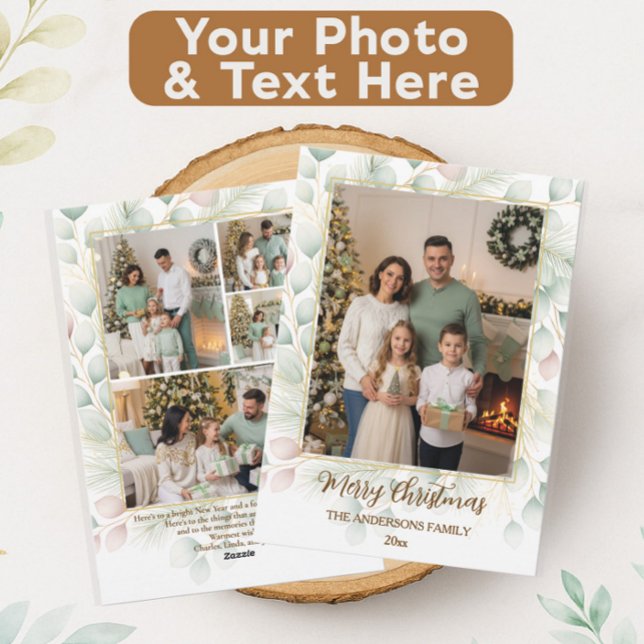 Cartão De Festividades Colagem de Fotos em Família de Natal Botânico Eleg (Criador carregado)