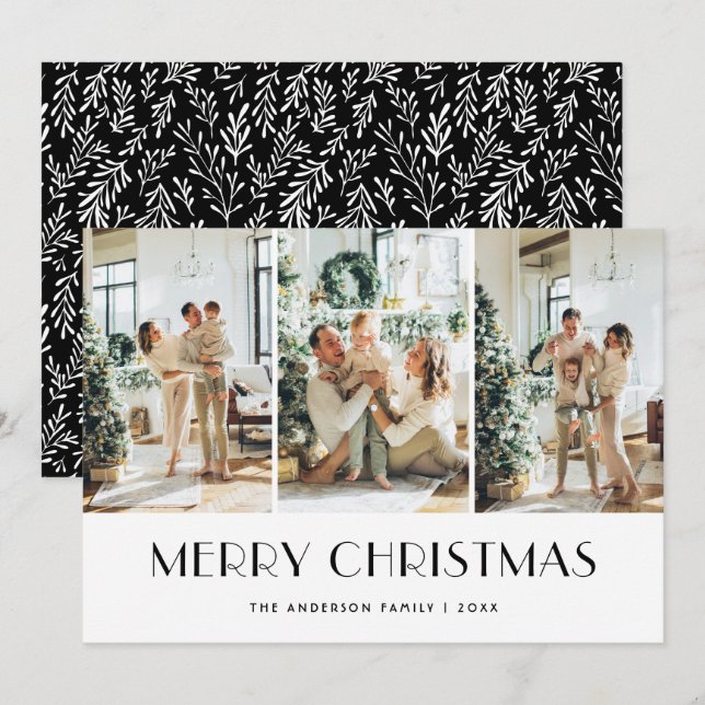 Cartão De Festividades Colagem de Fotos em Verde Branco e Preto Moderno (Frente/Verso)