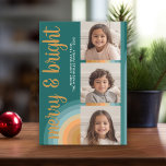 Cartão De Festividades Colagem de Fotos - Feliz e Bright Curvy Line Art<br><div class="desc">Verdes teais e dourados fazem disto um Cartões de foto de Natal engraçado e retrô — algo que é diferente e que nos sustenta do resto — Uma feliz e um cartões de natal brilhante com uma saudação de caligrafia rustica. Você pode escolher três de suas fotos favoritas para fazer...</div>