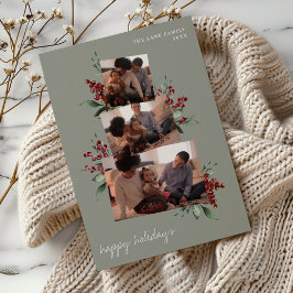 Cartão De Festividades Colagem de Fotos Leve Sage com Berries e Greenery