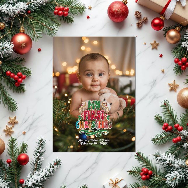 Cartão De Festividades Colagem de Fotos "Meu Primeiro Natal" ("My First Christmas" Photo Collage Holiday Card)