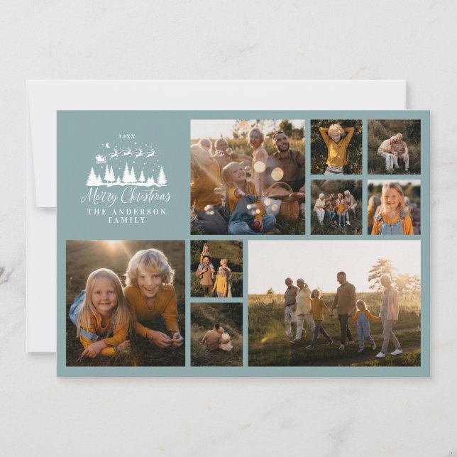 Cartão De Festividades Colagem de fotos mínima moderna azul empoeirado de (Frente)