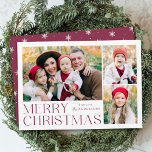 Cartão De Festividades Colagem de Fotos Moderna de Feliz Natal 4<br><div class="desc">Cartão de férias simples e elegante, com 3 imagens colaterais na frente, com "Feliz Natal", em cartazes modernos de vinho. Personalize a parte frontal do cartão adicionando suas fotos e o nome. A placa reverte para exibir a quarta foto com um padrão branco de floco de neve. O cartão de...</div>