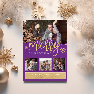 Cartão De Festividades Colagem de Fotos Natal Feliz Roxo Dourado Tendênci