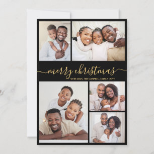 Cartão De Festividades Colagem de Fotos Natal Script Dourado Preto Modern