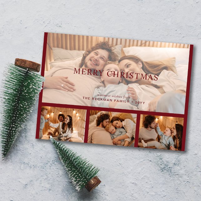 Cartão De Festividades Colagem de Fotos Personalizada Mínima Moderna Verm (Red Modern Minimal Custom Photo Collage Holiday Card)