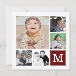 Cartão De Festividades Colagem de Fotos Personalizada Monograma Vermelho