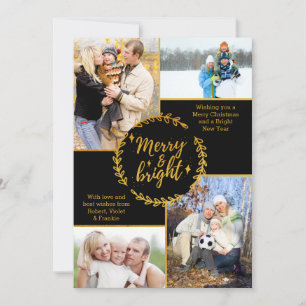Cartão De Festividades Colagem de Fotos Preto Dourado Natal Alegre e Bril