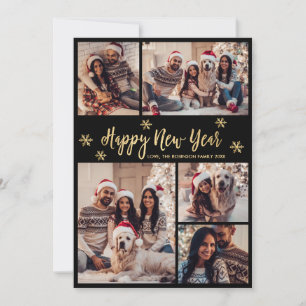 Cartão De Festividades Colagem de Fotos Preto e Dourado com Floco de Neve