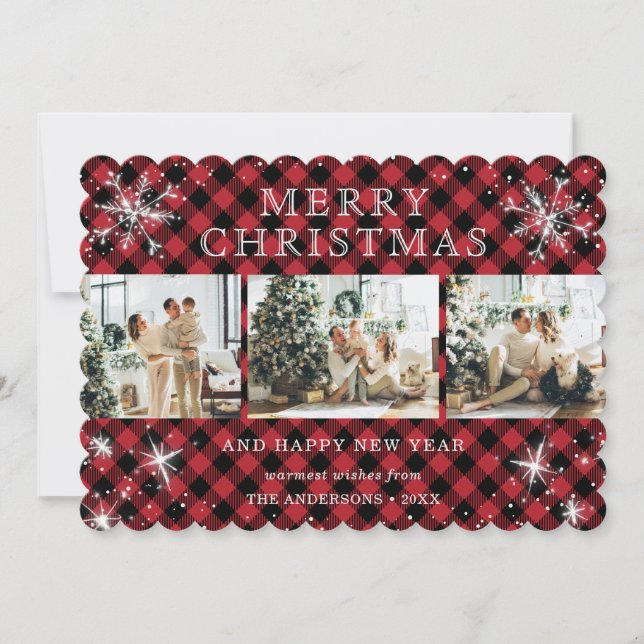Cartão De Festividades Colagem de Fotos Red Buffalo Xadrez Snowflake 3 (Frente)