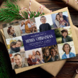 Cartão De Festividades Colagem de Fotos Rustic Blue Purple Christmas 10<br><div class="desc">Torne seus cartões de natal realmente especiais com nosso cartão de Natal inspirado em rusticidade com 10 fotos quadradas para capturar e compartilhar seus momentos queridos do ano. O script de vintage na frente diz Feliz Natal e o modelo permite que você personalize seu cartão com três linhas de texto...</div>