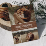 Cartão De Festividades Colagem de Fotos Rustic Brown Winter Christmas 3<br><div class="desc">Este simples e rústico design de feriado apresenta uma colagem das suas três melhores fotos de família sobre uma textura rústica de papel em cor castanha e a palavra "Feliz Natal" em texto de script de safra. Perfeito para cartões de saudação do estilo da fazenda. Adicione facilmente sua melhor foto,...</div>