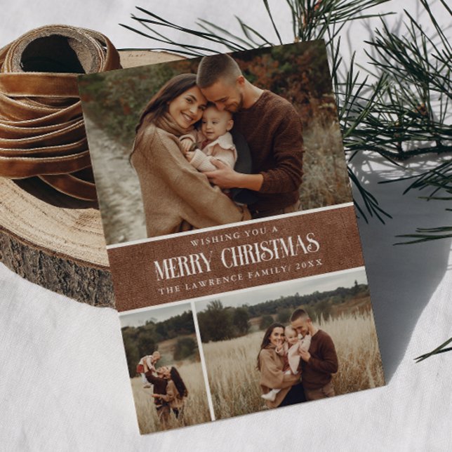 Cartão De Festividades Colagem de Fotos Rustic Brown Winter Christmas 3 (Criador carregado)