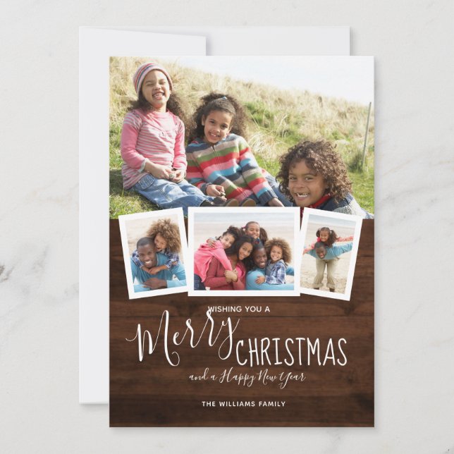 Cartão De Festividades Colagem de Fotos Rustic Wood 4 Feliz Natal (Frente)