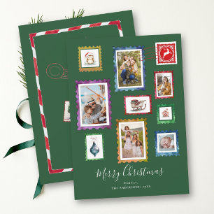 Cartão De Festividades Colagem de Fotos Selo Verde Vintage Família Natal