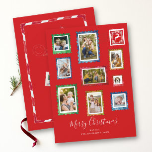 Cartão De Festividades Colagem de Fotos Selos Vintage Vermelhos Natal Fam