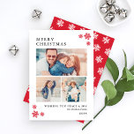 Cartão De Festividades Colagem de Fotos Vermelhas Elegante Feliz Natal<br><div class="desc">O Elegante cartão de colagem de fotos de feriado apresenta "Feliz Natal" em texto clássico preto suave e inclui uma colagem mínima de três espaços de fotos, uma saudação personalizada e um espaço que inclui o nome da família ou os nomes dos membros da família. Flocos de neve vermelhos soam...</div>