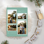 Cartão De Festividades Colagem de Quatro Fotos Minimalista do Green Retro<br><div class="desc">Este design do Green Retro Boho Minimalista de Quatro Feriados de Colagem de Fotografias apresenta um pano de fundo suave e legal de verde pastel mutado com um elegante pareamento de uma simples tipografia e um roteiro delicado que oferece saudações de "Feliz Natal" na temporada. Este estilo mínimo adorável é...</div>