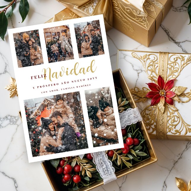 Cartão De Festividades Colagem de Várias Fotografias Espanhola de Natal (Christmas Elegant Spanish 6 Multi Photos Collage Holidays Cards.)