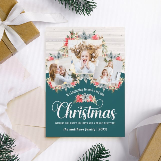Cartão De Festividades Colagem Fotográfica de Poinsettia Teal & Wood 3 (Criador carregado)
