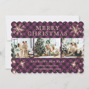 Cartão De Festividades Colagem Fotográfica Rustic Purple Xadrez Snowflake