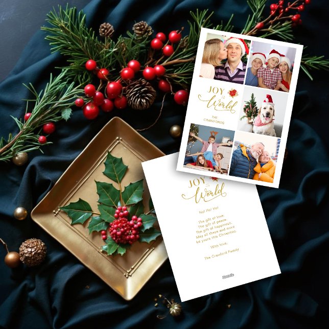 Cartão De Festividades Colagem Moderna de Poinsettia com 5 Fotos de Famíl (Elegant Modern Poinsettia Collage Five Photo Family Christmas Holiday Cards.)