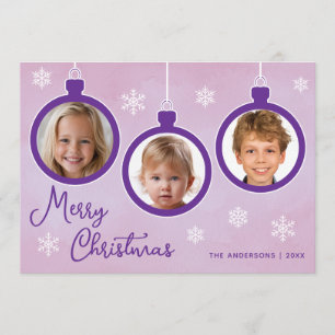 Cartão De Festividades Colar de Bolas Roxas 3 Foto Merry Christmas