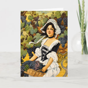 Cartão De Festividades Colheita de Vinha Vintage Menina com Cesta de Uvas