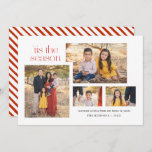 Cartão De Festividades Collage Modern Script Tis The Season Calliographic<br><div class="desc">Mande desejos de Natal para sua família e amigos com este cartão festivo. Este simples design de Cartão de Natal tem quatro fotos na frente,  acompanhadas por caligrafia vermelha e padrão listrado vermelho e branco no verso.
O estilo moderno e minimalista vai deixar as fotos da sua família brilhar.</div>