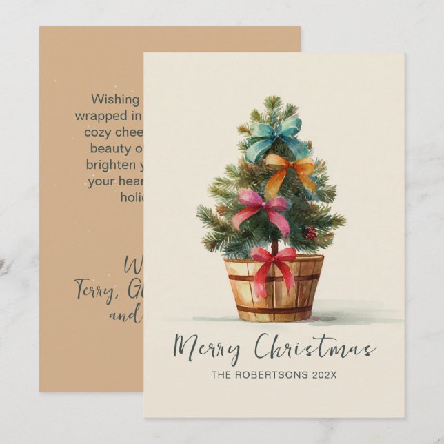 Cartão De Festividades Colorful Bows Rustic Christmas Tree  (Frente/Verso)