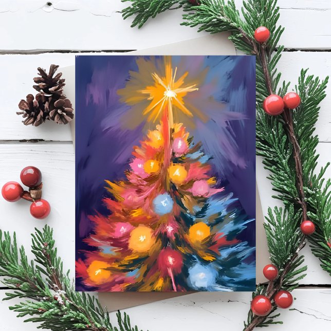 Cartão De Festividades Colorful Christmas Tree Lights Watercolor (Criador carregado)