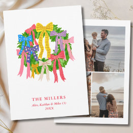 Cartão De Festividades Colorful Christmas Wreath Fun Bows 3 Photo Family