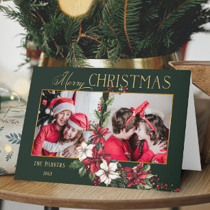Cartão De Festividades Colorida Poinsettias de Natal de 2 Fotos Feliz