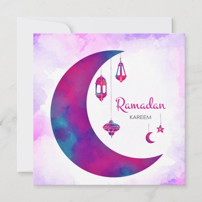 Cartão De Festividades Colorida Watercolor Crescent Ramadan Kareem (Frente)