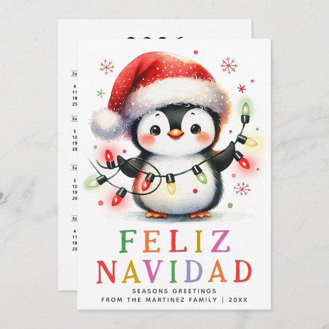 Cartão De Festividades Colorido Feliz Navidad Penguin Natal (Frente/Verso)